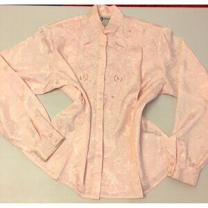 Vintage 80s Pink Embellished Dress Shirt Pearls Embroidery Cutout Secretary (T6)